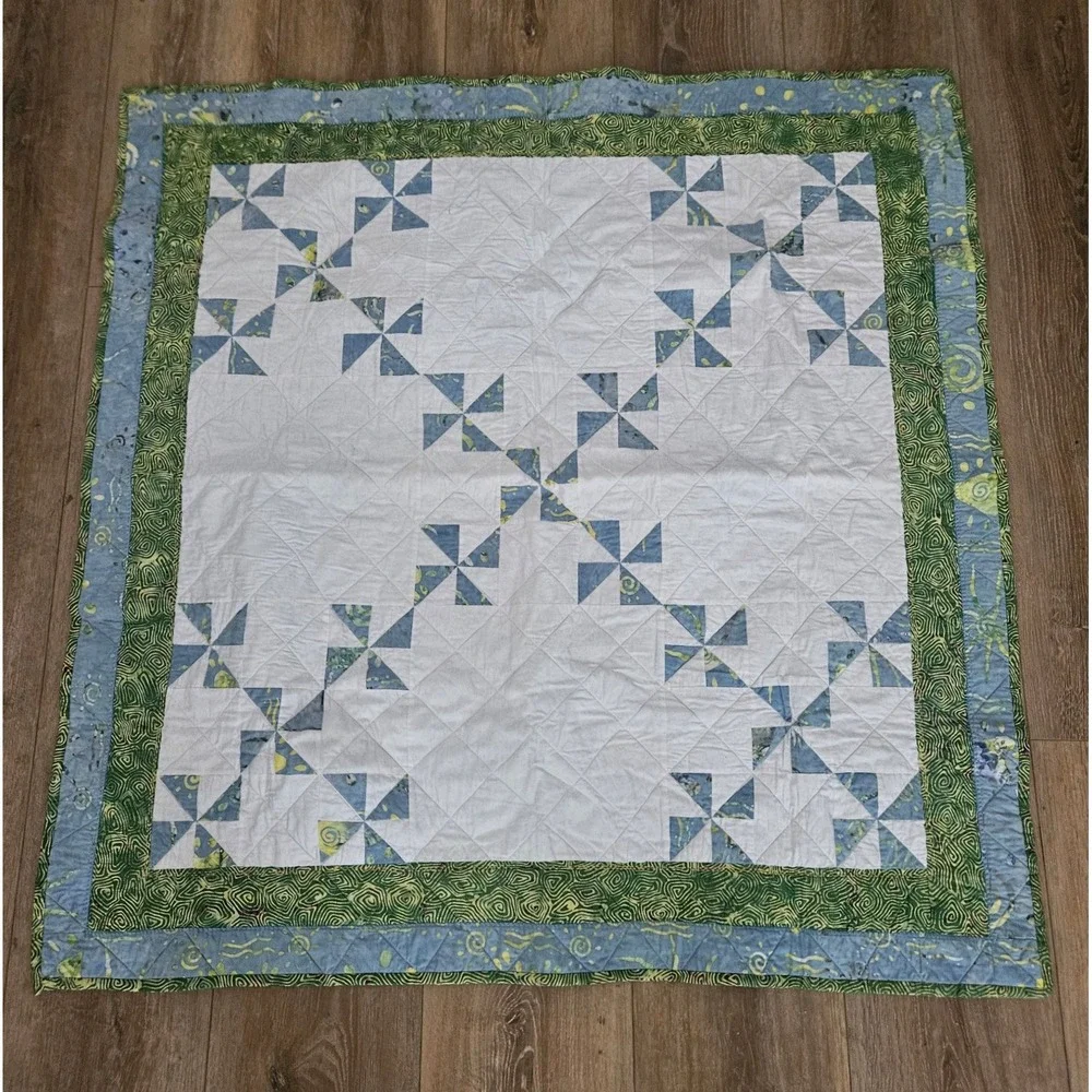 Handmade Patchwork Quilt Pinwheel Celestial Sun Moon Batik Green Blue Throw Vtg
